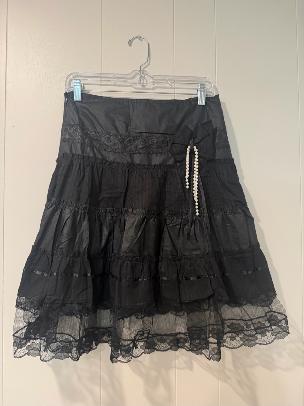 Black A-Line Lace Tiered Skirt with Decorative Bow and Pearl Trim
